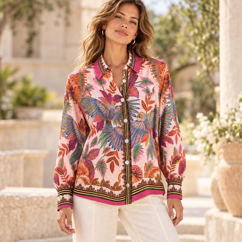 Farm Rio Tropical Macaw Print Button Down Shirt Womens M Pink Multi Color